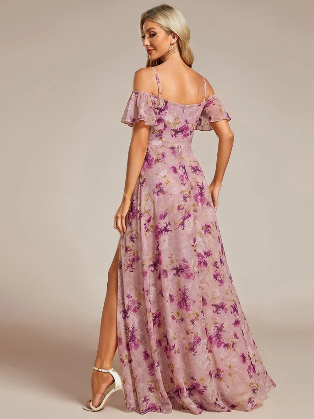 🆕 Stylish Cold Shoulder Flare Sleeves Flowy Bridesmaid Dress - Picture 2 of 3